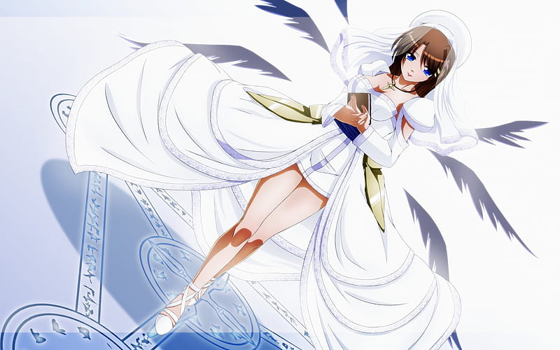 Holy Angel, pretty, dress divine, book, bonito, magic, wing, elegant, sweet, nice, anime, beauty, anime girl, long hair, gorgeous, female, wings, lovely, brown hair, angel, gown, plain, girl, magical, simple, lady, white, angelic, maiden, HD wallpaper