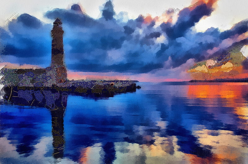 Lighthouse Mod, sunset, hop, reflection, clouds, sky, lighthouse, HD wallpaper