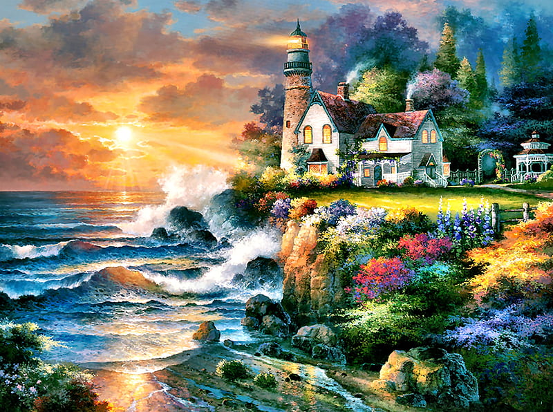 Twilight Beacon F, architecture, art, bonito, illustration, artwork, lighthouse, painting, wide screen, seascape, scenery, HD wallpaper