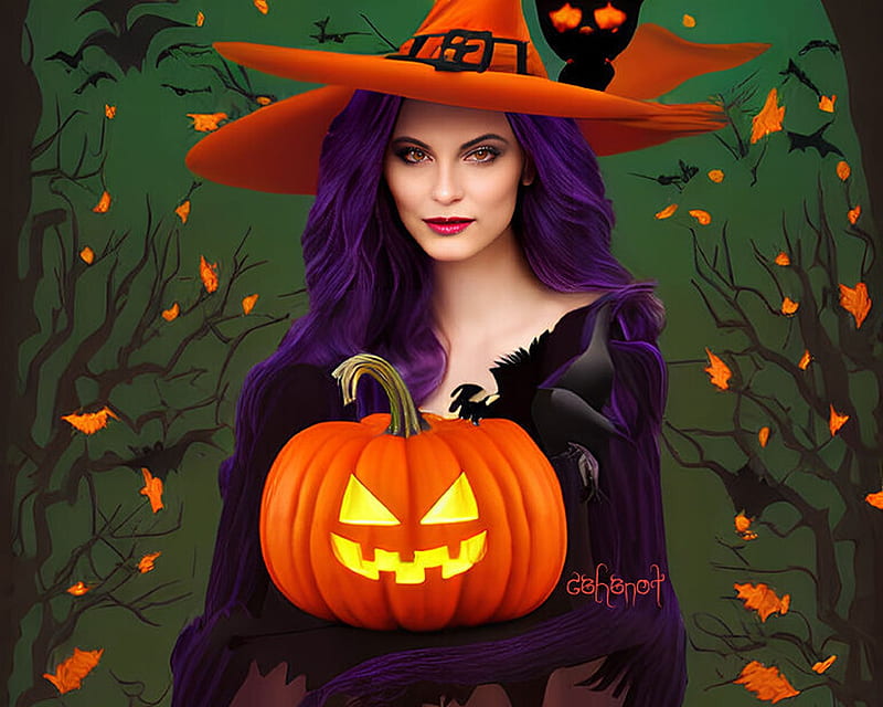 Witch, by cehenot, art, pumpkin, girl, cehenot, hat, orange, halloween ...