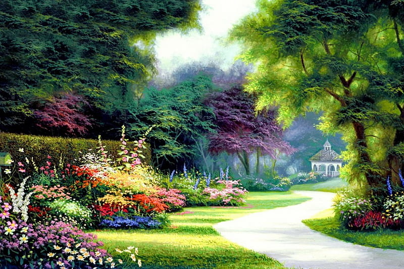 Garden birdhouse, pretty, grass, bonito, nice, painting, path, flowers, art, forest, lovely, park, trees, birdhouse, garden, nature, lane, gazebo, HD wallpaper