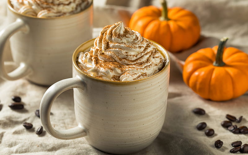 coffee with cream, small pumpkins, cappuccino, cup of coffee, coffee beans, HD wallpaper