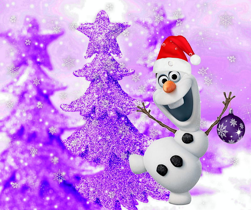 merry christmas, frozen, purple tree, snowman olaf, xmas, HD wallpaper