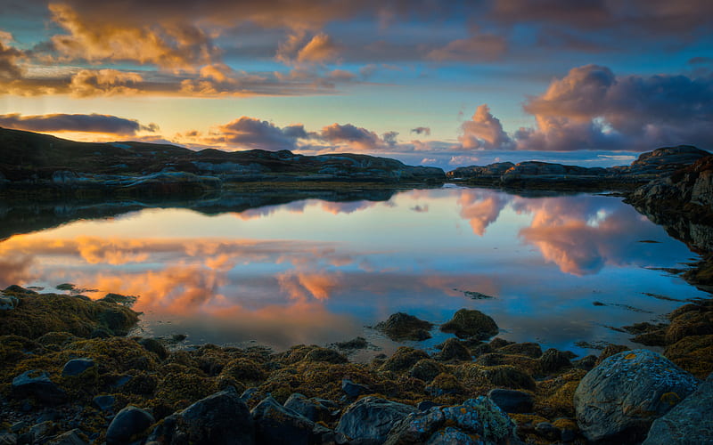 Beautiful Place, rocks, view, perfect, colors, bonito, sky, clouds, lake, peaceful, nature, reflection, norwegian, norway, coast, HD wallpaper