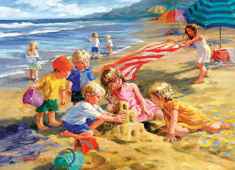 Sand castle, pictura, people, castle, beach, copil, sand, children, art, summer, painting, vara, HD wallpaper