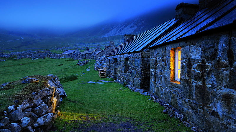 A light in the nature, rocks, window, houses, shine, highland, fog, graphy, green, stone, dark, nature, fields, landscape, light, night, HD wallpaper