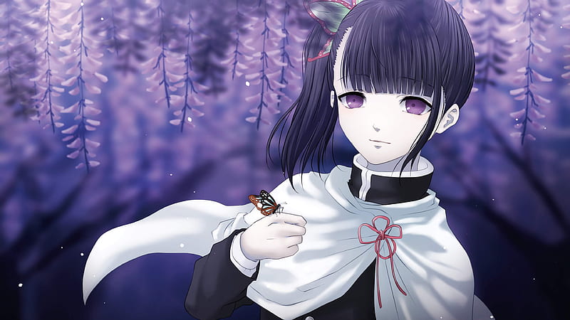 Demon Slayer Kanao Tsuyuri With Purple Eyes And A Butterfly On Right Hand With Background Of Purple Flowers Anime, HD wallpaper