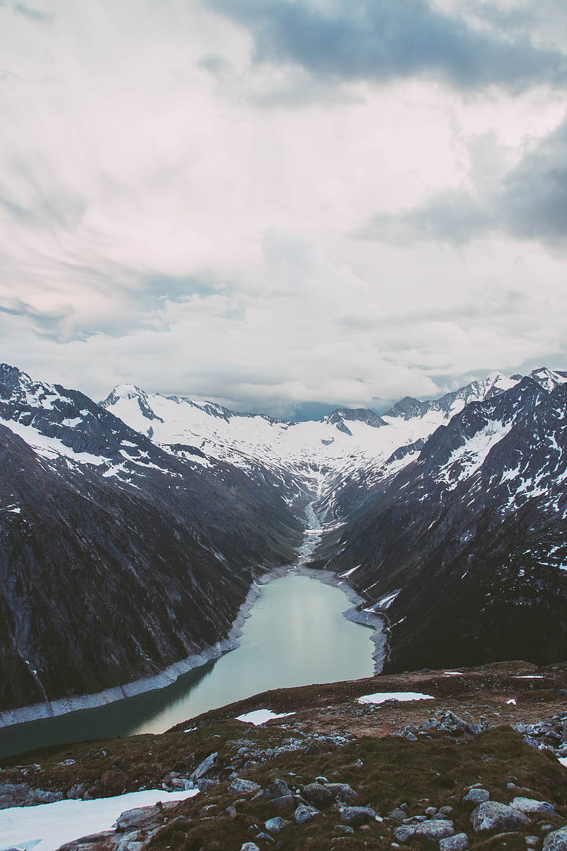 mountains, mountain range, river, snow, clouds, HD phone wallpaper