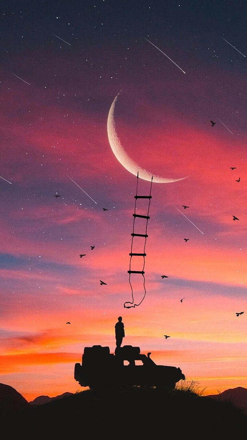 Moon, philosophy, shooting stars, sunset, HD phone wallpaper