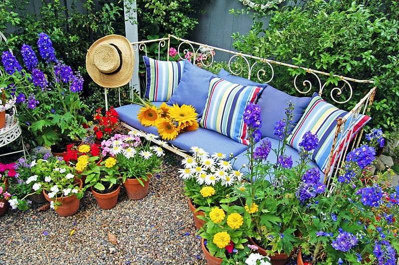 My Favorite Place, sunflowers, bench, blossoms, garden, cushions, hat, HD wallpaper