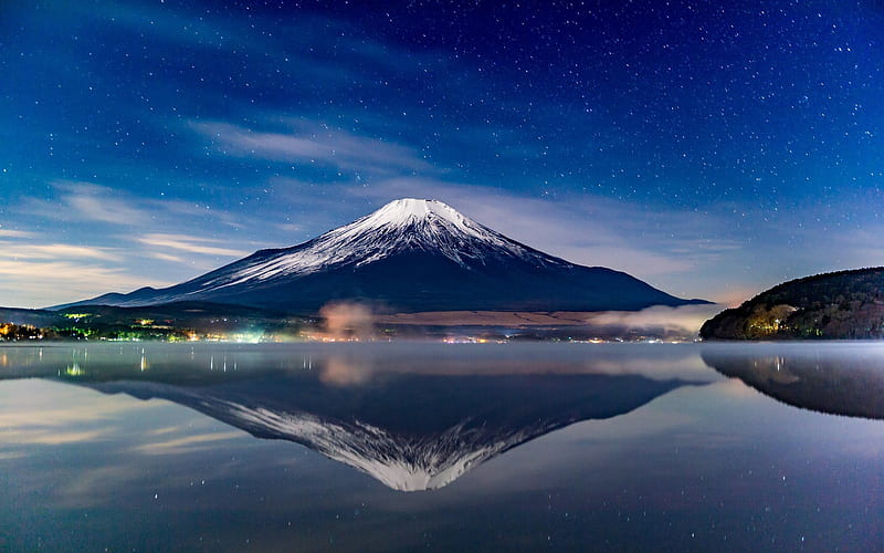 Mount Fuji, starry sky, night, reflections, lake, volcano, japan, HD wallpaper
