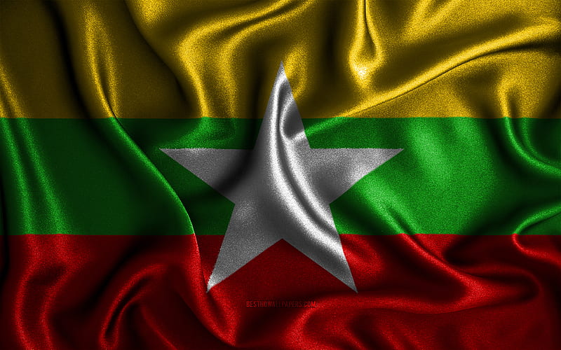 Myanmar flag silk wavy flags, Asian countries, national symbols, Flag of Myanmar, fabric flags, 3D art, Myanmar, Asia, Myanmar 3D flag, HD wallpaper