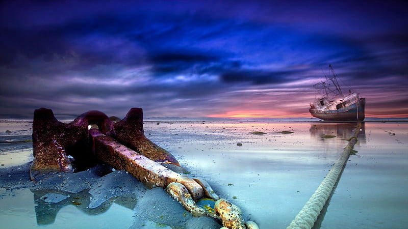 ship wreck with a set anchor, beach, chain, anchor, sunset, clouds, sea, ship wreck, HD wallpaper