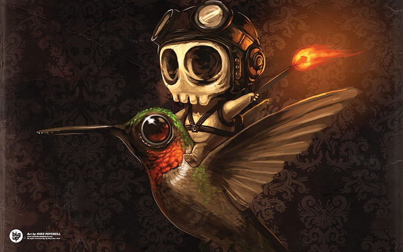 Skeleton Rider, humming bird, fire, skeleton, fantasy, HD wallpaper