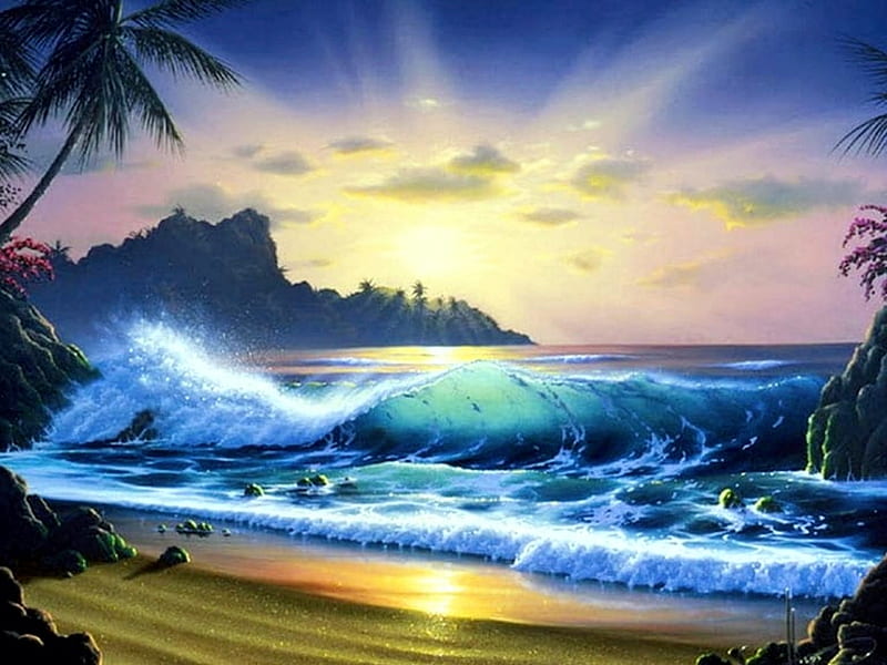 Stormy Sea, beach, painting, sunset, waves, artwork, palms, HD wallpaper