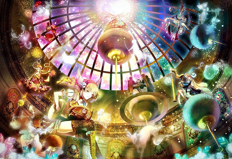 Music of the Spheres, music, manga, zodiac, sign, tagme, radu, animal, astrology, scorpio, instrument, girl, green, anime, pink, blue, HD wallpaper