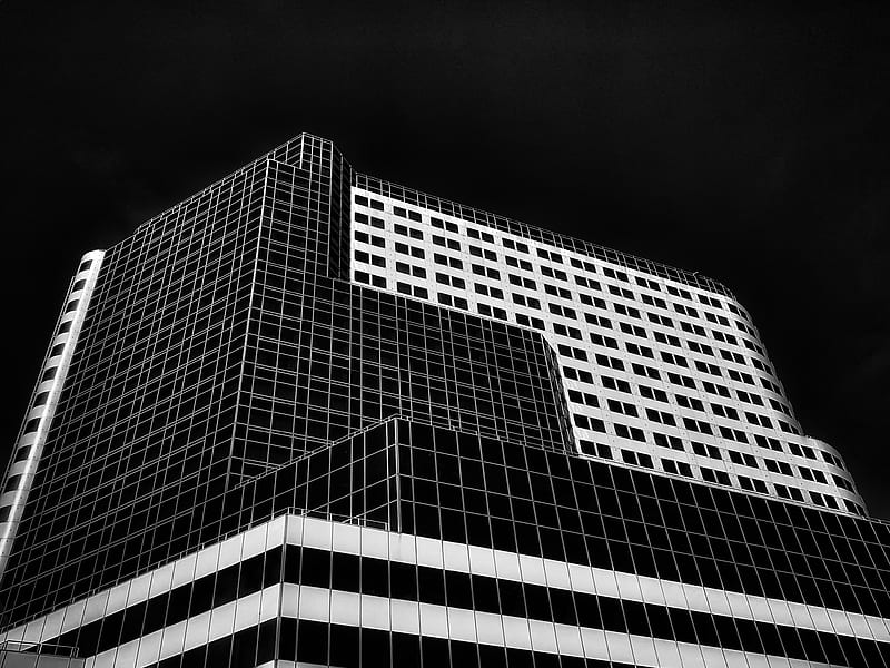 building, facade, geometry, bottom view, minimalism, black and white, HD wallpaper
