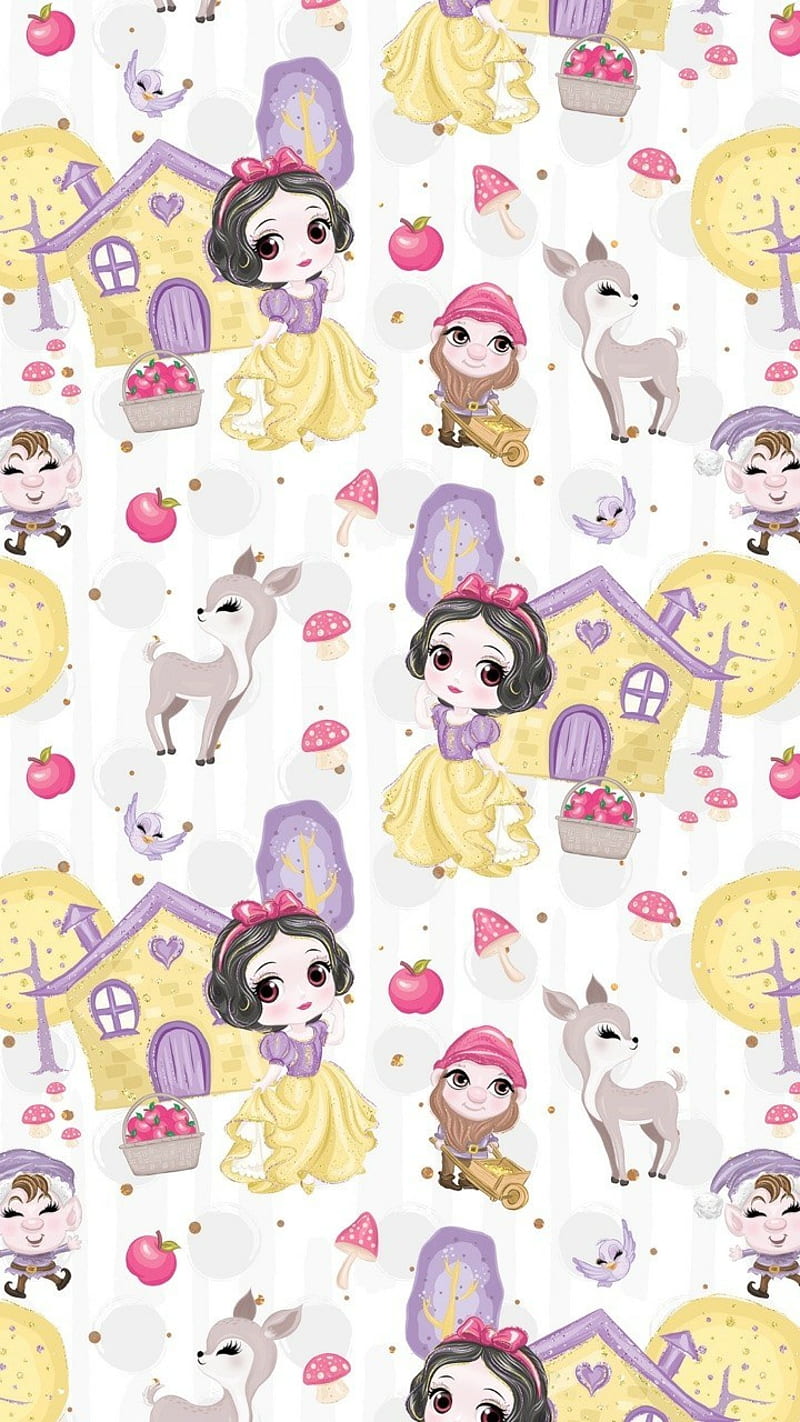 Snow White Patterns, cartoon, collage, deer, disney, drawings, dwarf, seven, snow white, HD phone wallpaper