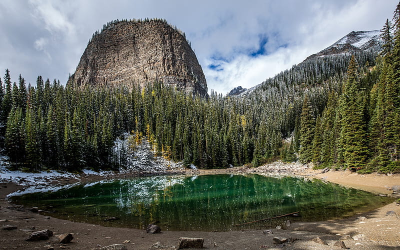 Mountain lake, forest, mountains, rocks, Canada, Banff, HD wallpaper