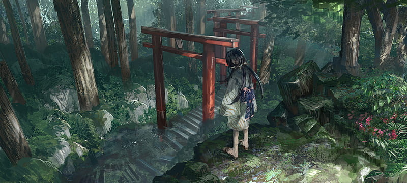 Anime, Original, Forest, Girl, Japanese Clothes, Stairs, Torii, HD wallpaper
