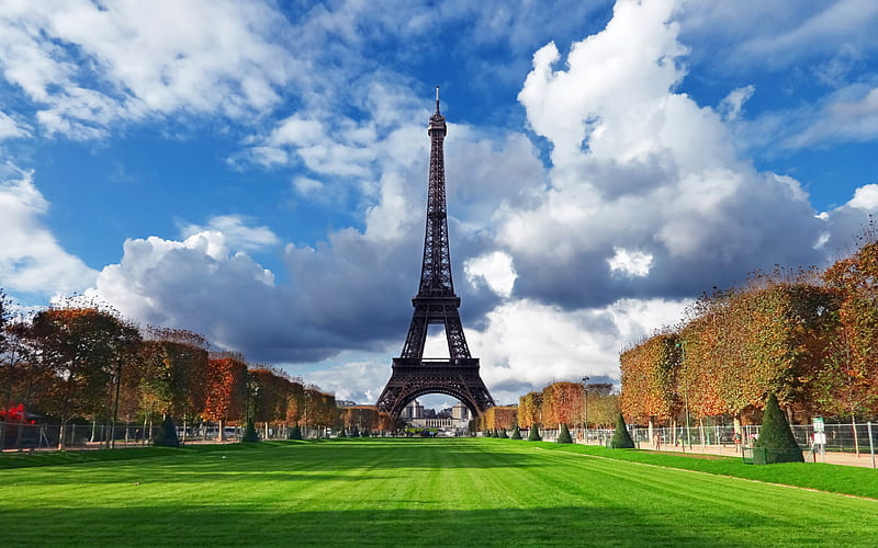 Eiffel Tower autumn, french landmarks, green lawns, Paris, France, HD wallpaper