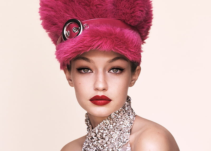 Gigi Hadid, girl, model, face, pink, hat, fur, HD wallpaper