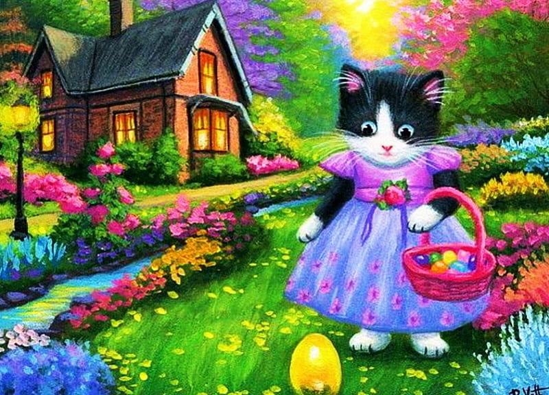 Easter Kitty, house, trees, cat, artwork, basket, painting, eggs, flowers, garden, HD wallpaper