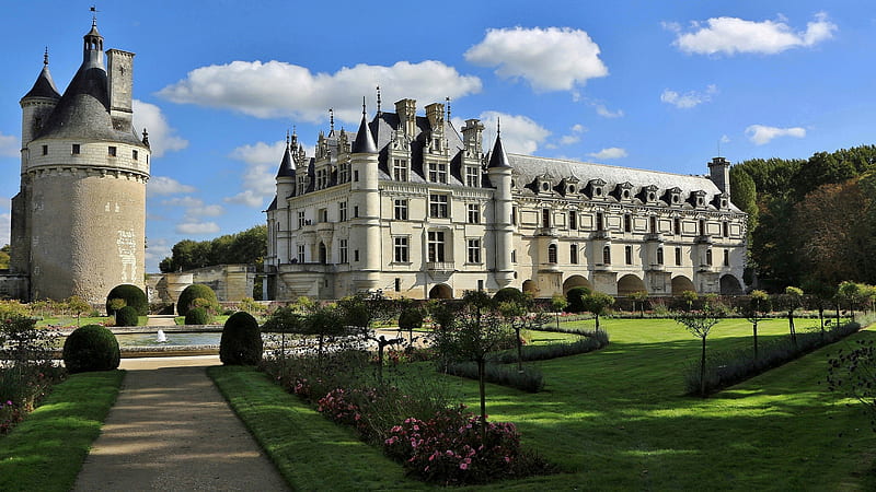 Castle Château de Chenonceau Fountain France Garden Park Tower Travel, HD wallpaper
