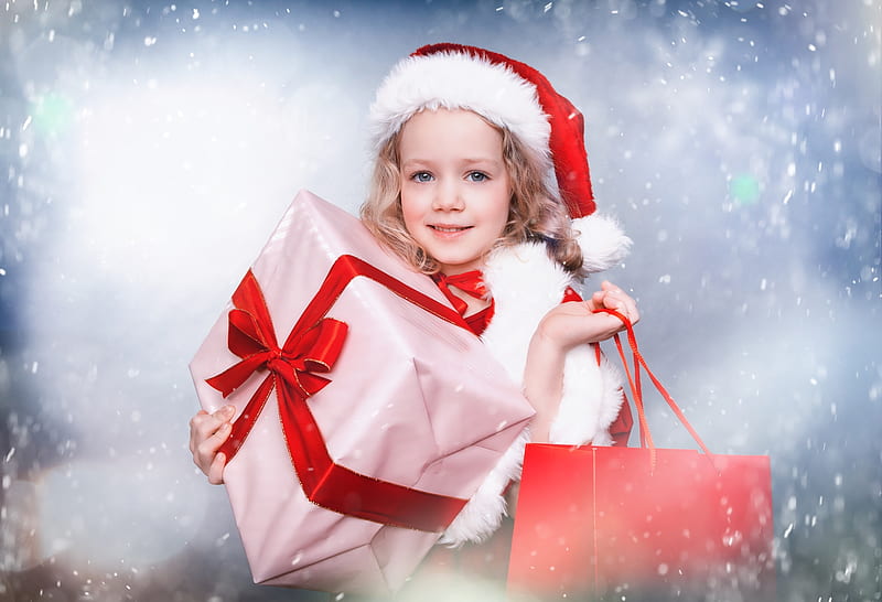 Ready for Christmas, red, craciun, christmas, shopping, box, bow, hat, santa, girl, goft, copil, child, white, HD wallpaper