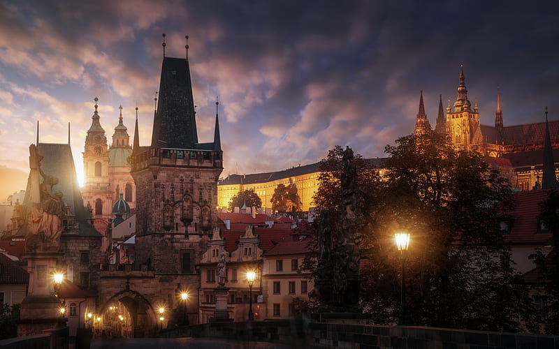 Prague, old castle, evening, gates, sightseeing, Czech Republic, HD wallpaper