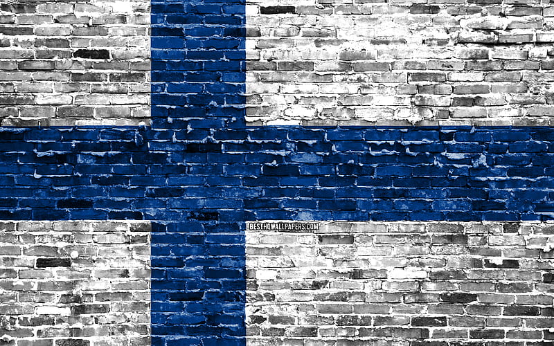 Finnish flag, bricks texture, Europe, national symbols, Flag of Finland, brickwall, Finland 3D flag, European countries, Finland, HD wallpaper