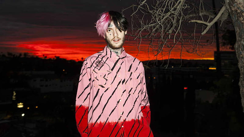 Pink Black Hair Lil Peep Is Wearing Red Shirt In Red Sky Background Lil Peep, HD wallpaper