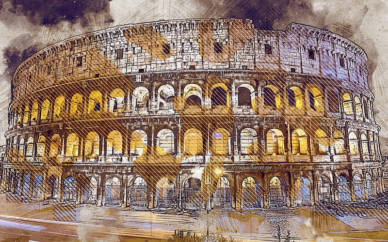 Colosseum, Rome, Italy, grunge art, creative art, painted Colosseum, drawing, Colosseum grunge, digital art, Rome grunge, landmark, painted Rome, HD wallpaper