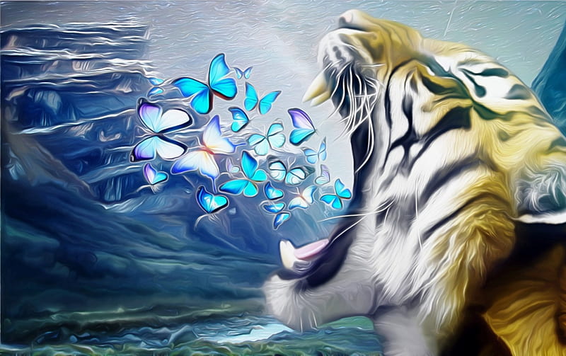 Fantasy tiger, art, fantasy, butterfly, spring, tiger, animal, blue, HD wallpaper