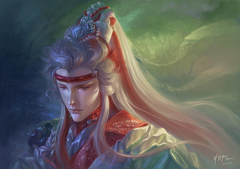 Huan Quan, red, art, fantasy, green, hrfleur, face, man, papaya, HD wallpaper