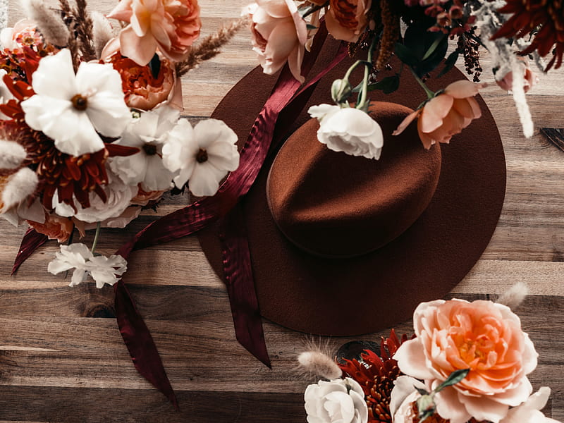 flowers, hat, still life, HD wallpaper