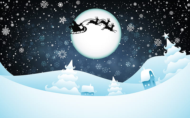 winter landscape, art, snow, winter, Santa Claus, deer, sled, Christmas, New Year, HD wallpaper