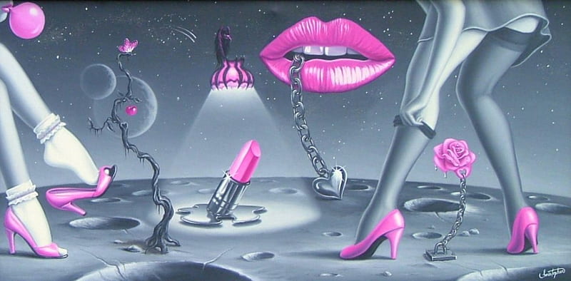 ✼Pink Dancing on the Moon✼, pretty, charm, bonito, dancing, lipstick, oil on canvas, sweet, fantasy, paintings, butterfly, splendor, pink, traditional art, light, moons, lamp, raven, lovely, legs, colors, roses, lips, pink shoes, cute, cool, heart, crow, HD wallpaper