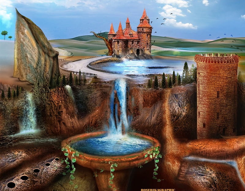 -THE RED POOL-, architecture, rocks, stunning, bonito, most ed, digital art, clouds, paintings, tower, tray, scenery, animals, flying birds, colors, pool, waterfalls, castles, cool, medieval, mixed media, highway road, backgrounds, HD wallpaper
