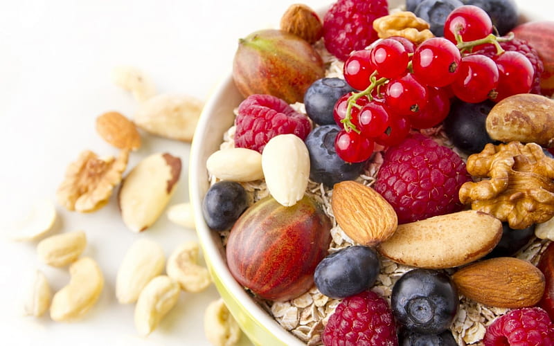 Breakfast, muesli, delicious, fruits, fruit, nuts, berry, healthy, almons, HD wallpaper