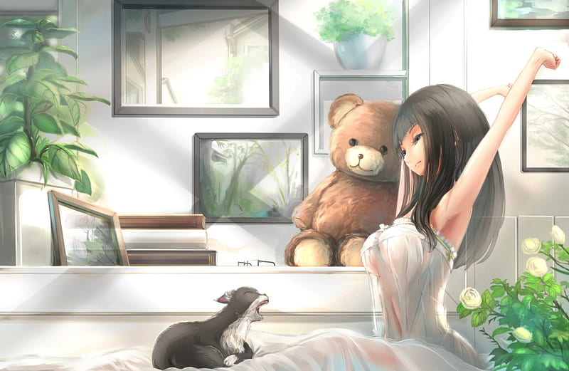 My Girl, cute, girl, anime, toy, chair, teddy bear, HD wallpaper