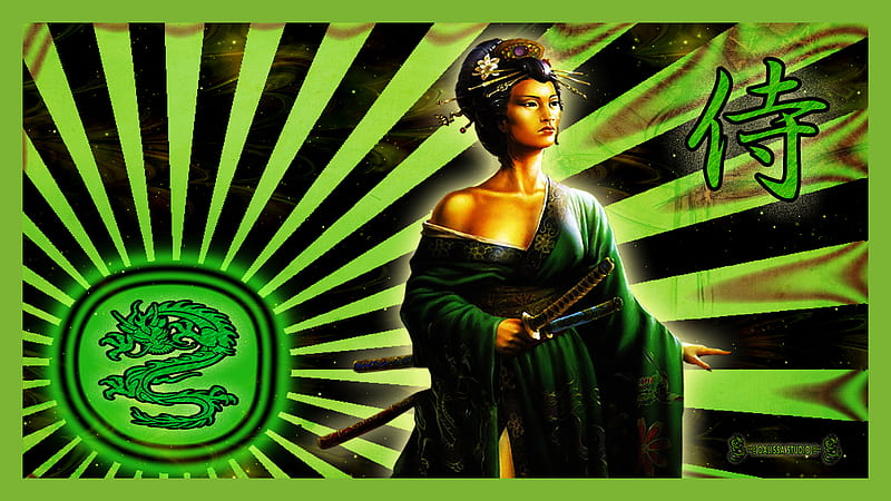 THE WOMAN SAMURAI IN GREEN, green, woman green, asian, asian , samourai girls, dalissa, HD wallpaper