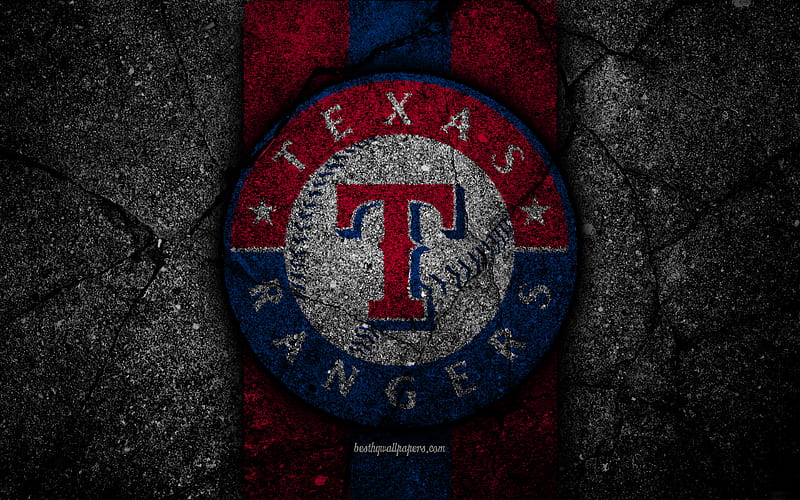 Texas Rangers, logo, MLB, baseball, USA, black stone, Major League Baseball, asphalt texture, art, baseball club, Texas Rangers logo, HD wallpaper