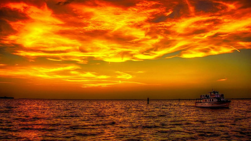 fishing boat at a fabulous sunset r, boat, fiery, buoy, r, sunset, sea, HD wallpaper