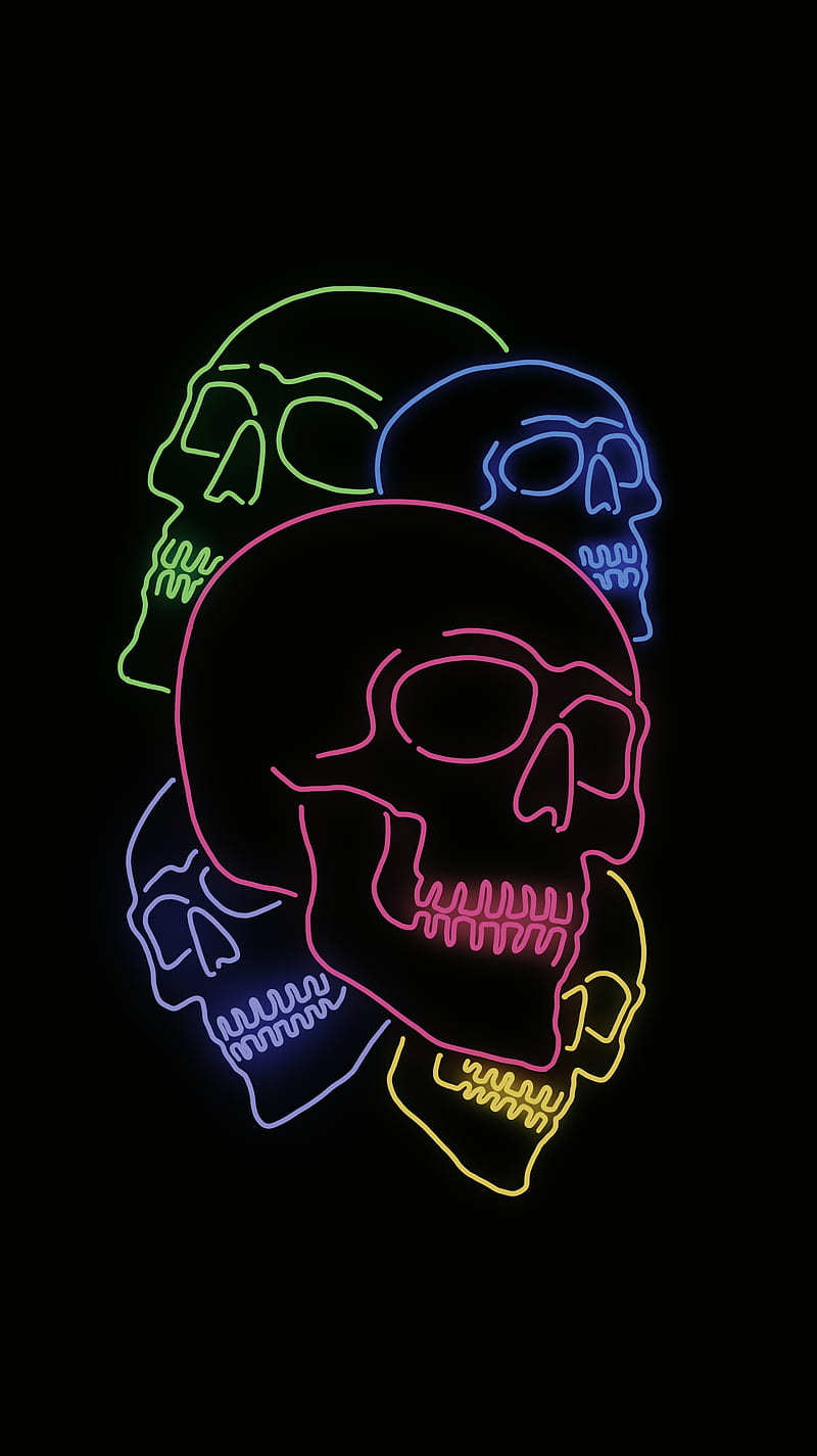 Amoled Neon Skulls, amoled, badass, bone, colors, minimalistic, neon, oled, skull, skulls, true black, HD mobile wallpaper