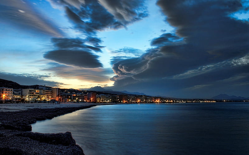 Rethymno, architecture, greece, bonito, crete, sky, clouds, lights, sea, city, water, beaches, nature, night, HD wallpaper