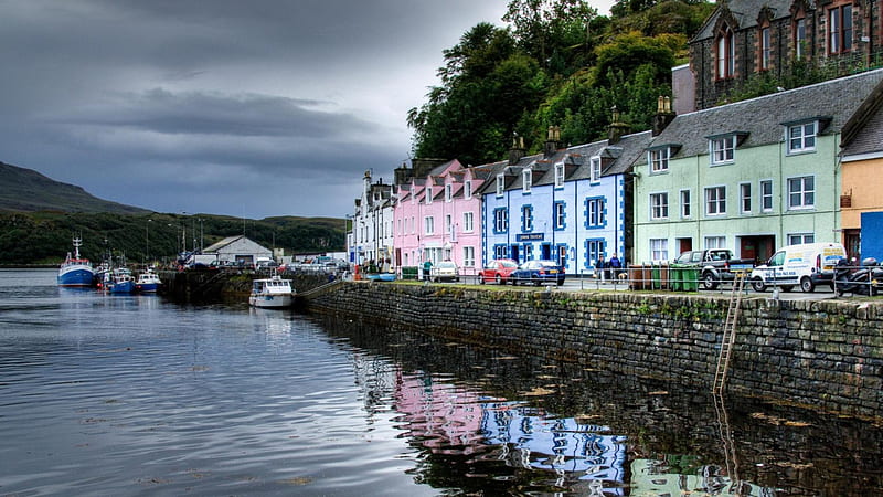 lovely town of portree on isle of skye scotland, boats, town, harbor, pier, HD wallpaper