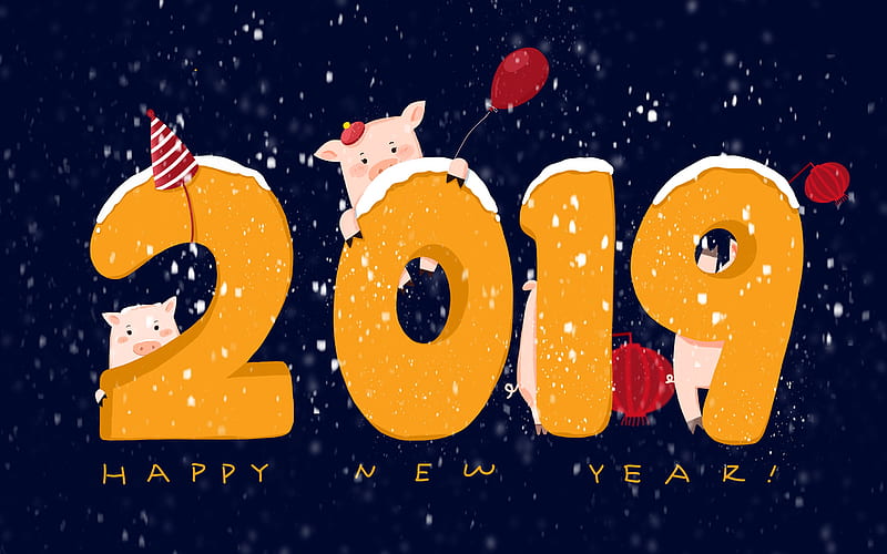 Happy New Year 2019, pigs, snowfall, 2019 concepts, yellow digits, blue background, 2019 year, artwork, HD wallpaper