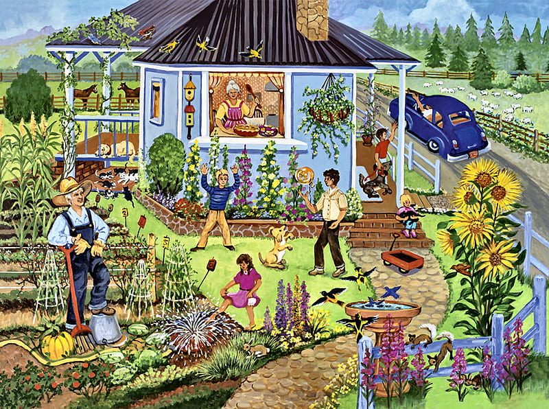 Family Garden F, planting, art, bonito, artwork, farm, painting, wide screen, garden, scenery, crops, landscape, HD wallpaper