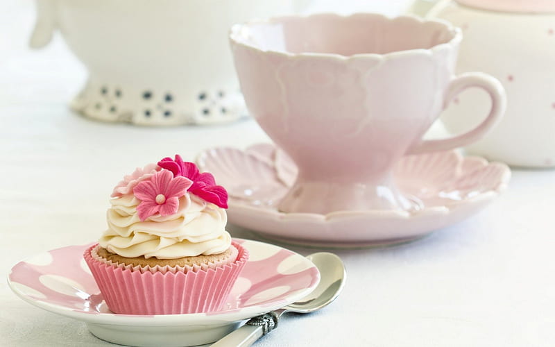 Invitation to a sweet moment, tea, sweet, dessert, cupcake, cup, flower, white, pink, cream, HD wallpaper